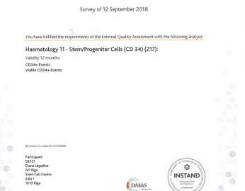 iVF Riga Cilmes šūnu centrs ir izgājis ārējās kontroles sertifikāciju cilmes šūnu/priekšteču šūnu (CD34+) analīzei nabassaites asinīs